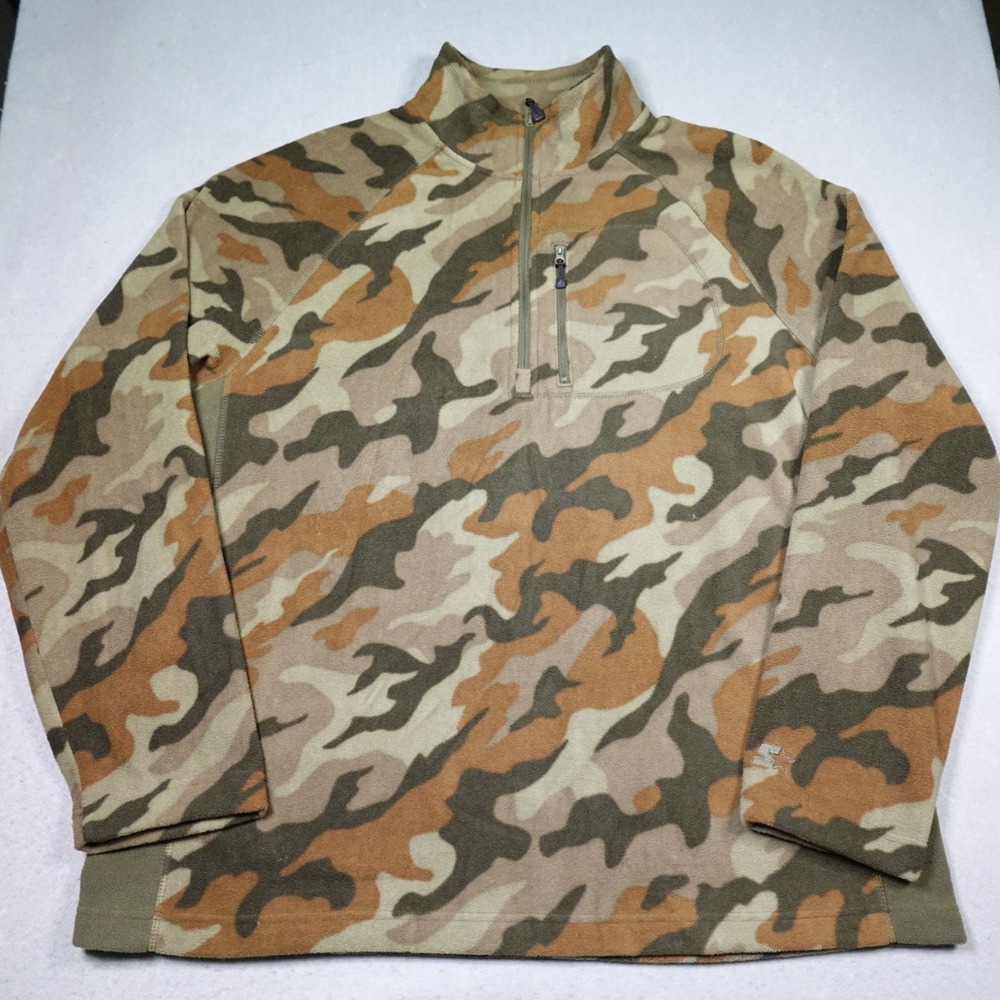Vintage Starter Sweater Mens XL 46-48 Green Camo Fleece 1/4 Zip pullover hunting